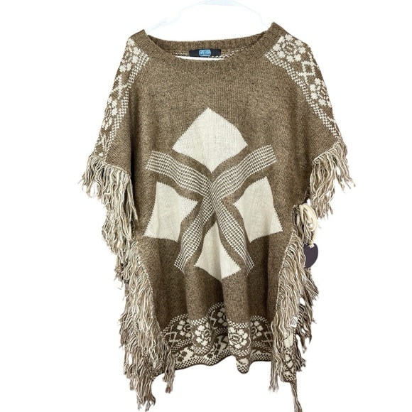 NEW Eva Franco Cotton-Blend Fringe Poncho sze M/L Aztec Brown and White - Picture 10 of 16